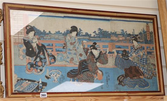 Kunisada, woodblock print, triptych of geisha on a balcony, signed Toyokuni, overall 37 x 74cm